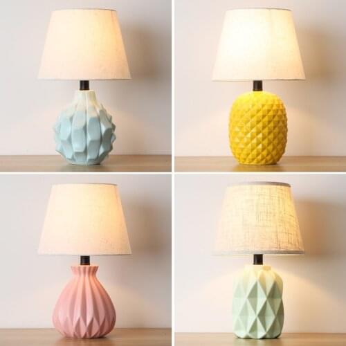 Nordic Ceramics Table Lamp with EU/US Plug In Fabric Lampshade LED E27 Table Decoration Lights for Reading Yellow Pink Green