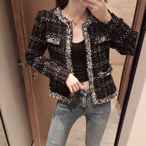 Fashion Tweed small fragrant jacket womens spring 2021 new slim temperament all-match black wool plaid coat