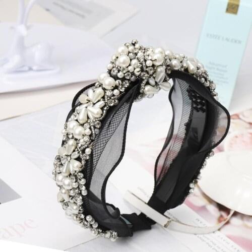 Luxury Pearl Beads Crystal Headbands Hairband For Women Girls Black Lace Knotted Bow Elasticity Hair Accessories Hair Hoop