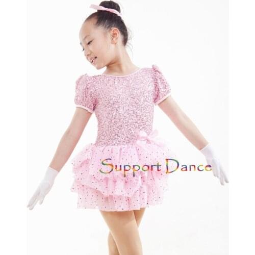Pink Sequins Dot Latin Dress Children Adult Short Sleeve Bow Dance Costume C18