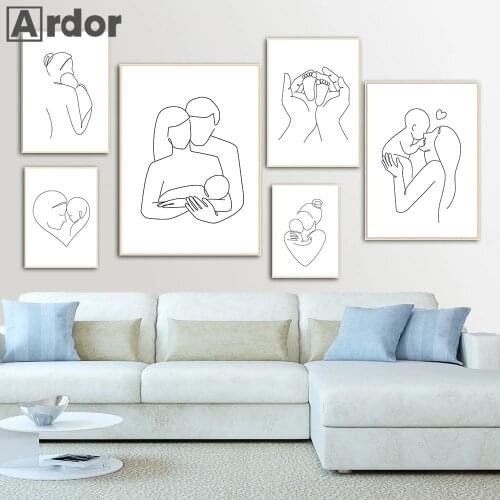 Family Portrait Line Drawing Print Mother Baby Art Canvas Painting Abstract Poster Minimalist Wall Art Pictures Bedroom Decor