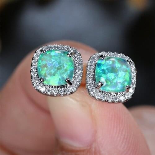Classic Silver Color Wedding Earrings Green Opal Square Stone Earrings Multicolor Crystal Small Stud Earrings For Women Jewelry