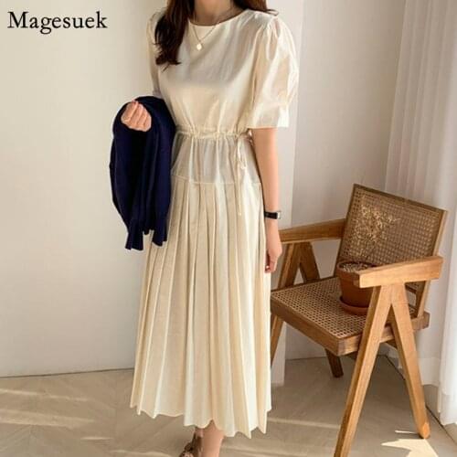 Chic Puff Short Sleeve Summer Women Dress 2021 New Elegant Loose Party Dress Female Elastic Waist Pleated Dresses Vestidos 13955