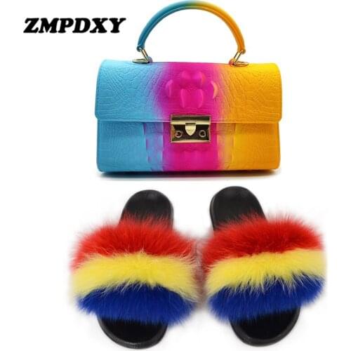 New Women Casual Fuzzy Slippers Real Fluffy Fox Fur Slides Fashion Jelly Handbag Shoulder Bag House Sweet Furry Flip Flops