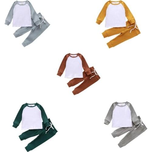 Cathery Toddler Baby Unisex Long Sleeve Homewear Ribbed Knitted Outfit Solid Pajamas Sleepwear Sport 2Pcs Childrens Clothes Set