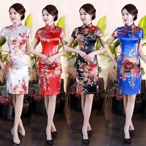Chinese Traditional Qipao Dress Floral Print Chinese Silk Satin Wedding Dress Slim Female Cheongsam Party Wear Plus Size S-6XL
