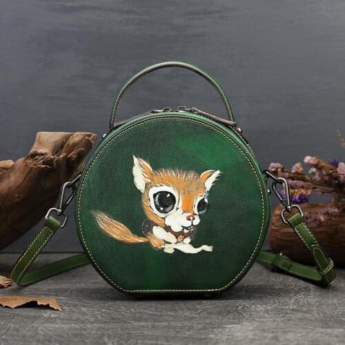 Cartoon Hand Painted Squirrel Circular Women Tote Bag 2021 New Nature Cow Leather Lovely Handbag Ladies Versatile Shoulder Bags