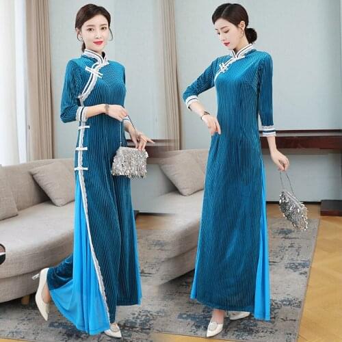 Chinese Style Retro Ladies Dresses Silk Velvet Long-Sleeved Collar Slim Long Modified Cheongsam 2021 New Autumn Female Dress