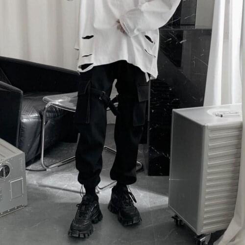 QWEEK Gothic Punk Black Cargo Pants Women Hippie Streetwear Pockets Oversized Straight Trousers For Female Hip Hop Harajuku