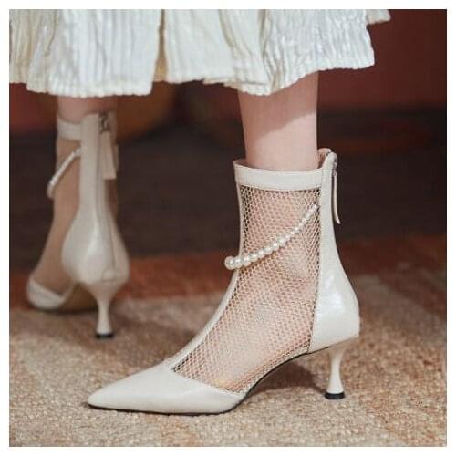 High heels women spring and summer pointed toe mesh hollow boots soft leather stiletto high heels breathable short boots women