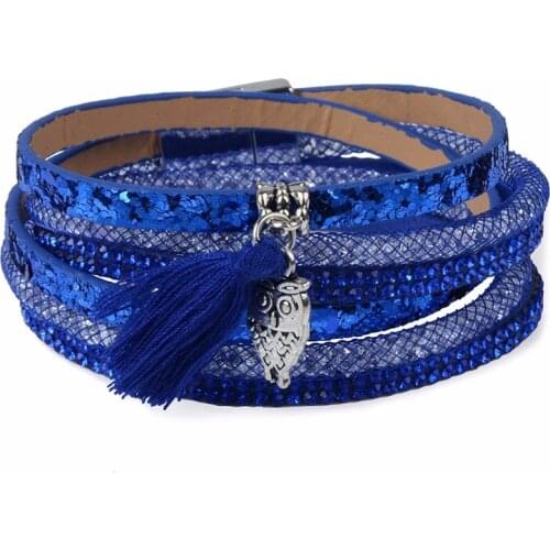 Rhinestone Feather Wide Multilayer Leather Bracelet Magnetic Tassel Bracelet Women Wrap Charm Boho Bohemian Bracelets Bangle Men