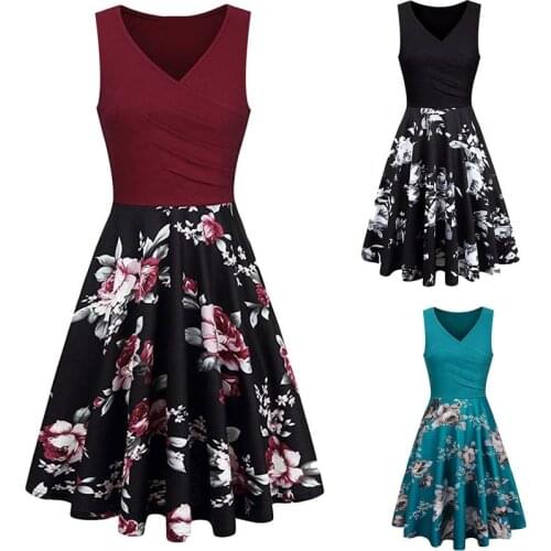 Summer Dress Women V- Neck Casual Flowers Printing Loose Mid-Length Dresses Ladies Swing Sleeveless Dress Vestidos Mujer Verano