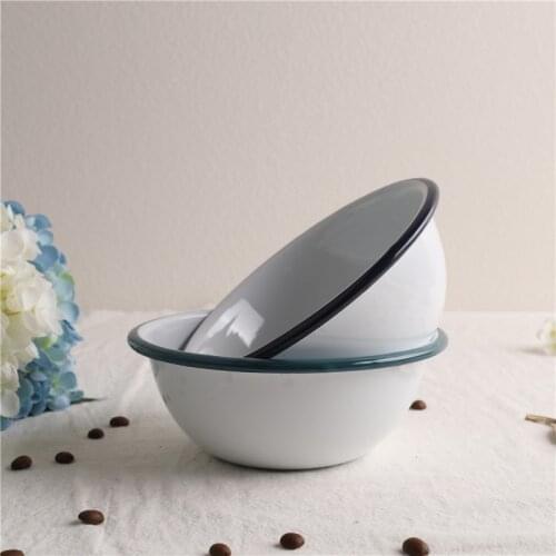 16cm Enamel Household Blue and Green Edge Childrens Bowl Retro Nostalgic Salad Bowl Popcorn Fruit Basin