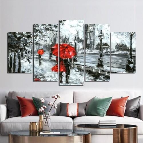 5pcs Thick Acrylic Knife Painting Abstract People With Red Umbrella 100% Hand Painted Oil Painting On Canvas Wedding Home Decor