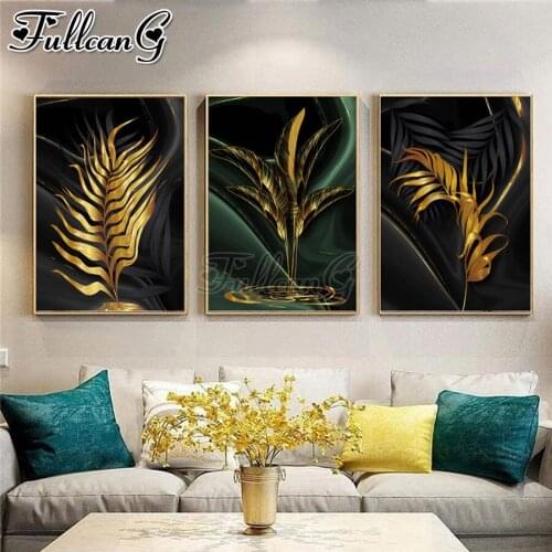 FULLCANG 5d diy diamond embroidery Golden green leaves diamond painting triptych full square round drill home decor FC2858