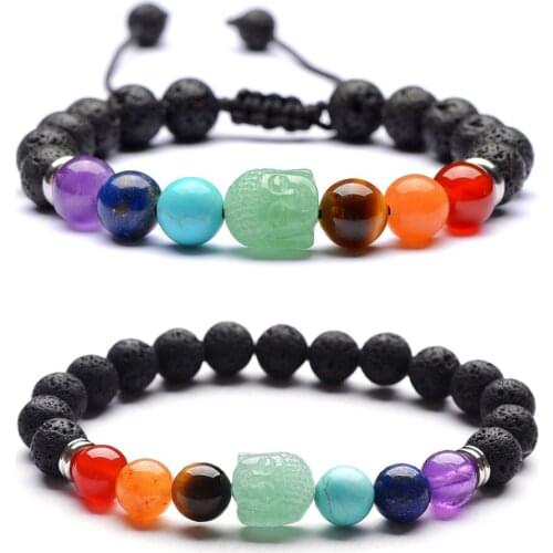 7 Chakra Beaded Stone Bracelet Carving Green Aventurine Buddha Head Bead Lapis Amethyst Agate Energy Healing Jewelry
