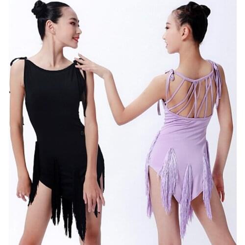 Kids Fringed Latin Dance Dress Girls Latin Competition Dress Samba Show Costume Sexy Cross Back Sleeveless Black Dress DNV14113