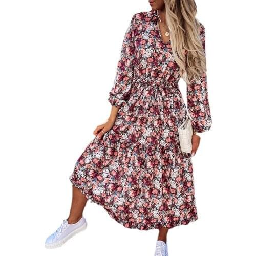 Elegant Spring Autumn Womens Dress 2021 Casual Fashion Floral Print Super Long Dress Fashion Hollow Out Long Vestidos Dress Plu