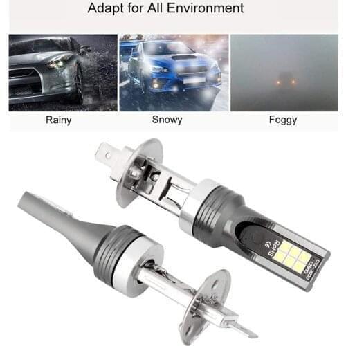 Kit 2 Pcs Powerful 60W Car H1 H3 LED Fog Lights Bulbs 12 SMD 3030 Chips with Projector Super Bright Fog Lamp DRL 2000 Lumens