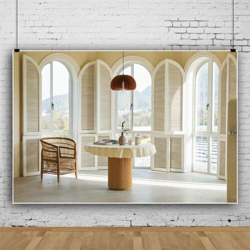 Laeacco Modern Living Room Window Trees Photographic Background French House Interior Mountain Photocall Poster Photo Backdrops