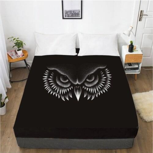 Mattress Cover Fitted Sheet With Elastic Band Bed Sheets Bedding Linens Queen King Size Bedsheet 90/150/160X200CM Black Owl Head