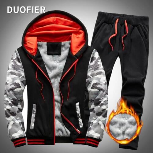 Mens New Hooded Jacket + Sweatpants Sets Plus Velvet Thick Zipper Coat Male Camouflage Sleeve Tracksuit Winter Sport Suit 5XL