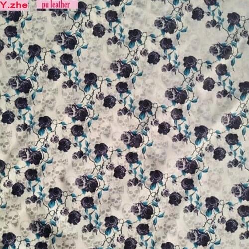 Soft PU Leather Blue/Grey Rose Print Faux Leather Fabric PU Leather Fabric Synthetic Leather Fabric Sewing Diy Pants Clothing