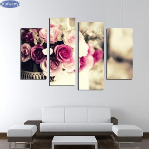 4PCS Flower Colorful rose,diy Diamond Embroidery Picture of Rhinestones Triptych Almaznaya Mosaic Cross Stitch Diamond Painting