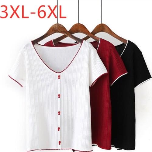New 2021 Ladies Summer Plus Size Tops For Women Large Short Sleeve Slim Knit Cotton Black White Elastic T-shirt 3XL 4XL 5XL 6XL