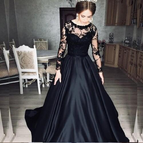 Black Evening Dress Long Sleeve A-Line O-Neck Satin Sweep Train Lace Appliques Button Women Elegant Party Prom Gowns 2021
