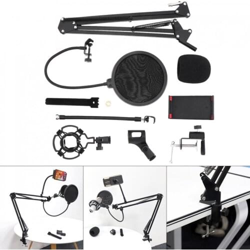 Shockproof Microphone Holder Bracket with Double Layer Pop Filter and Table Clip and Phone Holder Clamp for Live Broadcast