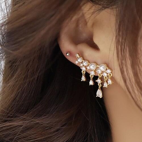 Luxury Cubic Zircon CZ Waterdrop Stud Earrings for Women Japanese&Korea New Style 14K Gold Plated Pearl Tassel Earrings