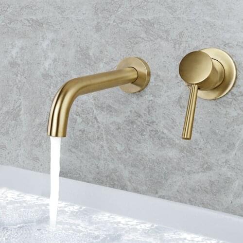 Luxury Brushed Gold Tap Wall Mount Bathroom Basin Sink Faucet Solid Brass Single Handle Hot and Cold Mixer Golden Bathtub Faucet