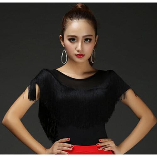 Tassel Gauze Latin Dance Tops for Women Girls O-Neck Red Black wears Ladies Salsa Yoga Fitness Ballroom Costume