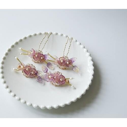 Vintage pink lilac stone handmade pearl Hair clip Hair pin hair sticks bun accessories Headwear for kimono hanfu COSPLAY