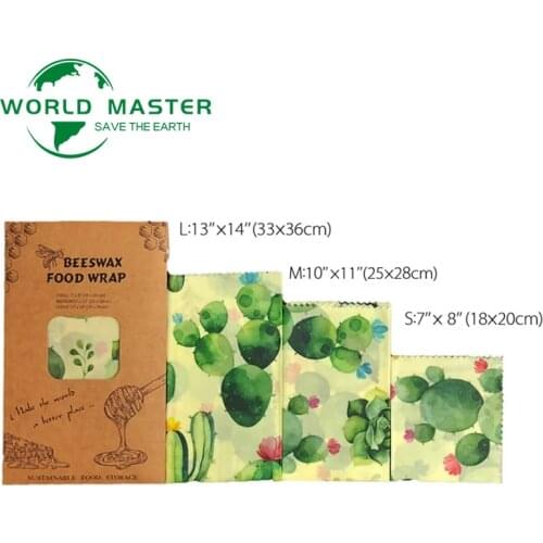 Visual Touch 3Pcs/Set Kitchen Tool Cactus Pattern Beeswax Wraps Reusable Bees Wax Food Bag Cheese Fruit Bread Snacks Cling Wrap