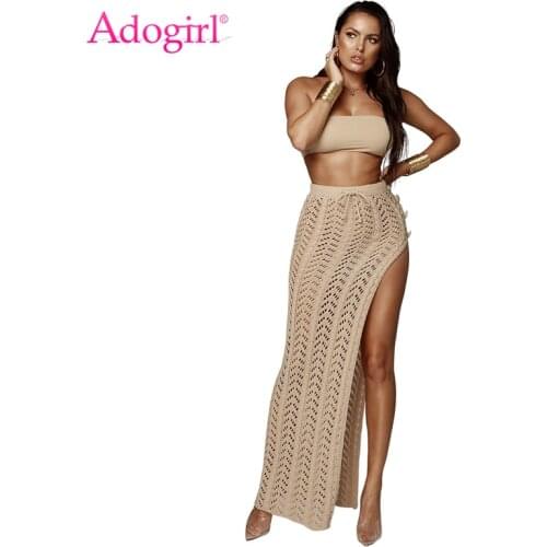 Adogirl Women Beach Knitted Skirt Sexy High Slit Hollow Out Bodycon Maxi Skirts Night Club Outfits Female Petticoat New Arrival