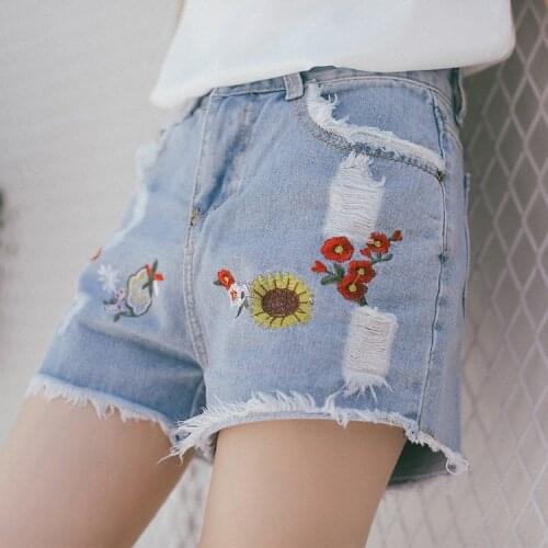 High Waist WomenS Denim Shorts Streetwear Summer Short Ladies Kawaii Denim Ripped Shorts Embroidered Hot Pants