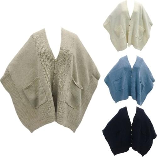 Women Winter Knit Oversized Poncho Blanket Cape with Front Pockets Solid Color Shawl Wrap Button Down Sweater Cardigan