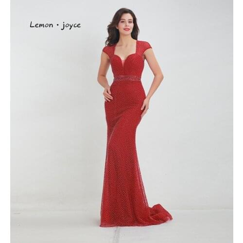 Lemon joyce Wine Red Evening Dresses Long Sexy Backless Cap Sleeves Beading Mermaid Prom Party Dress Plus Size robe de soiree