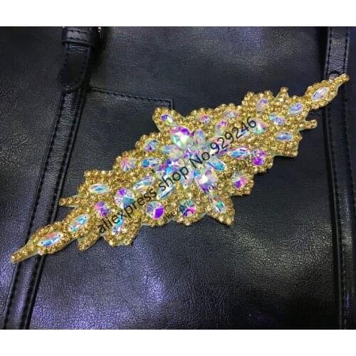 1pc/lot fashion crystal yellow AB color glass rhinestone applique gold hotfix garment trimmings for dress over coat decoration