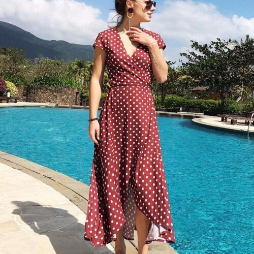 2018 Women Summer Dress V-Neck Short Sleeve Asymmetrical Long Split Dress Boho Beach Dot Print Dress Women Chiffon Sundress