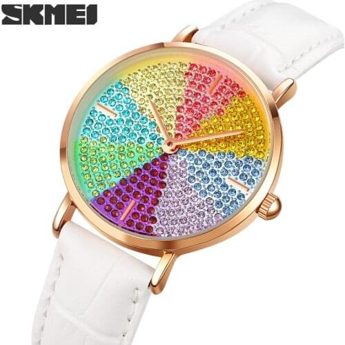 SKMEI Women Diamond Watch Starry Bracelet Watches Set Ladies Leather Band Quartz Wristwatch Female Clock Relogio Feminino