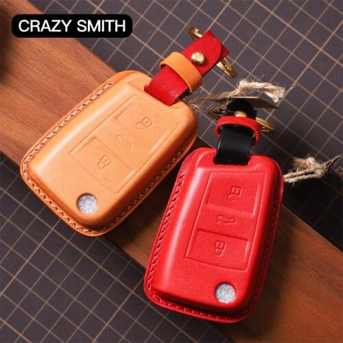 Crazy Smith Handmade Car Key Case Cover for Volkswagen Teramont\Tiguan\Golf\Scirocco Vegetable Tanned Leather Black Brown Red