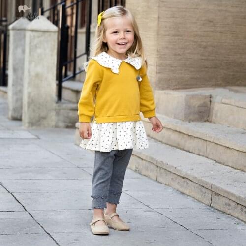 DBJ18687 dave bella autumn baby girls cute dots print patchwork T-shirt children tops kids girl fashion tees