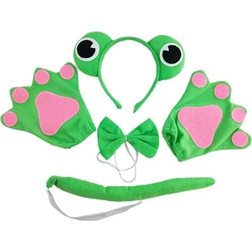 Adult Kids 4 Pieces Cartoon Animal Costume Accessories Set Big Frog Eyes Plush Headband Bandana Bowtie Long Tail Claw Party C1FE