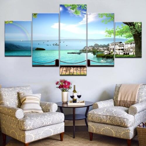 HD Printed 5 piece canvas art seascape bridge painting frame modular canvas painting wall pictures Free shipping