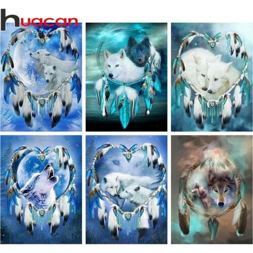 Huacan Diamond Art Kits Animal Wolf Diamond Painting Embroidery Cross Stitch Feather Mosaic Sale Home Decor
