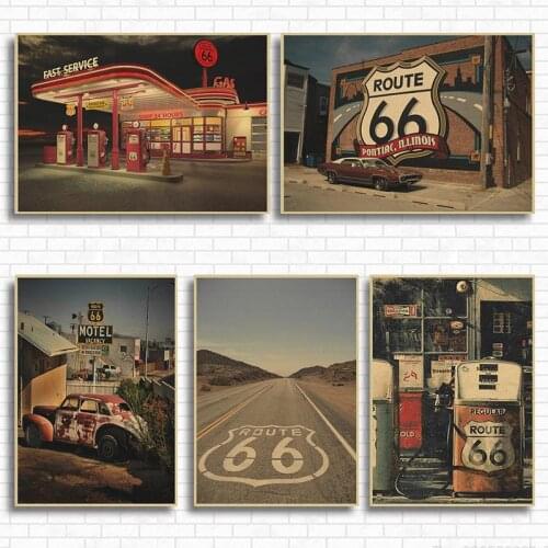 Gas station on Route 66 of USA Kraft Paper Classic Poster Bar Cafe Living Room Dining room Wall Decorative Paintings
