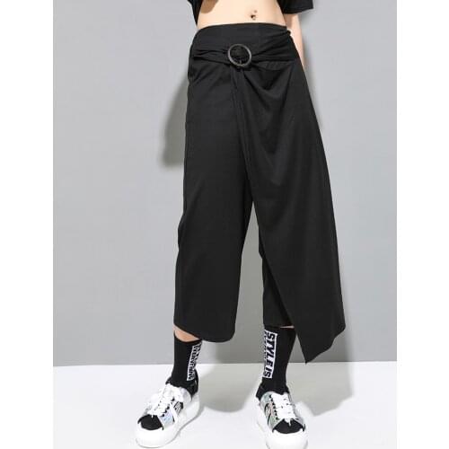 Summer niche dark black personalized stitching asymmetric wide leg pants design fashion brand fake two pieces of fashionable tro